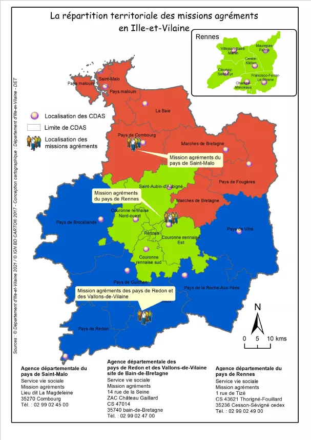 Carte de répartition territoriale des missions agréments en Ille-et-Vilaine